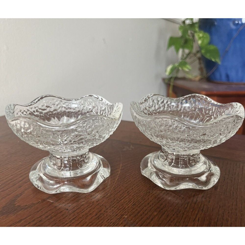 2 Vtg Anchor Hocking Reversible Pebble Glass Pedestal Candle Holder Mid-Century